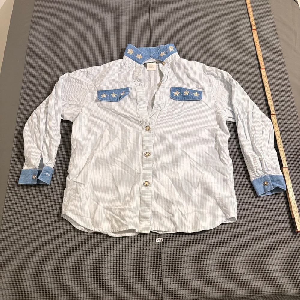 Saint Germain Petite Women Medium Blue White Striped Star Denim Button Shirt